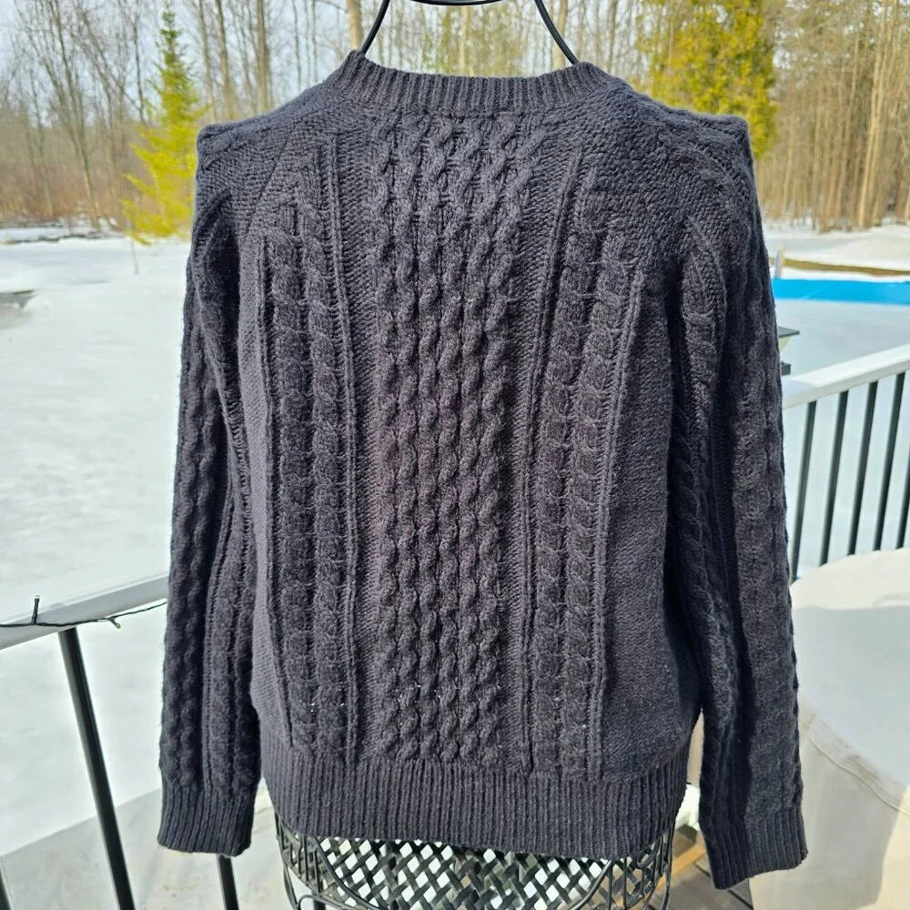 Ann Taylor Black cableknit Sweater with Rhinestone Floral Accent, size L, EUC - Picture 2 of 9